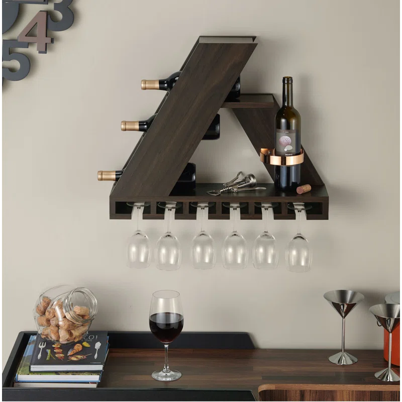 4 Bottle Wall Mounted Wine Bottle & Glass Rack in Wenge