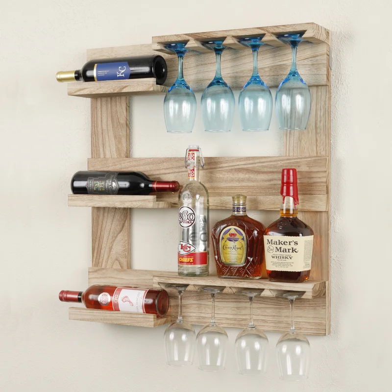 Elitia 3 Bottle Solid Wood Wall Mounted Wine Bottle & Glass Rack